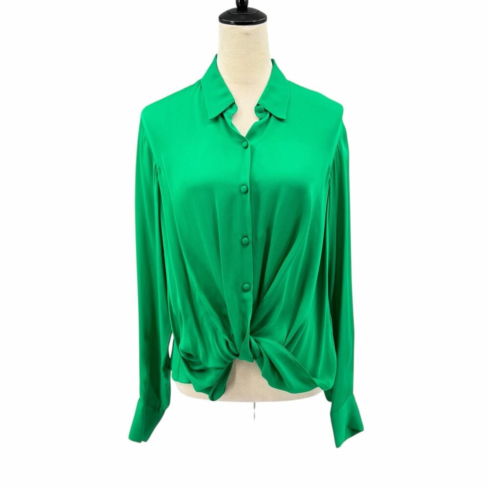 Prabal Gurung NWT Green 100% Silk Collared Long Sleeve Button Down Blouse